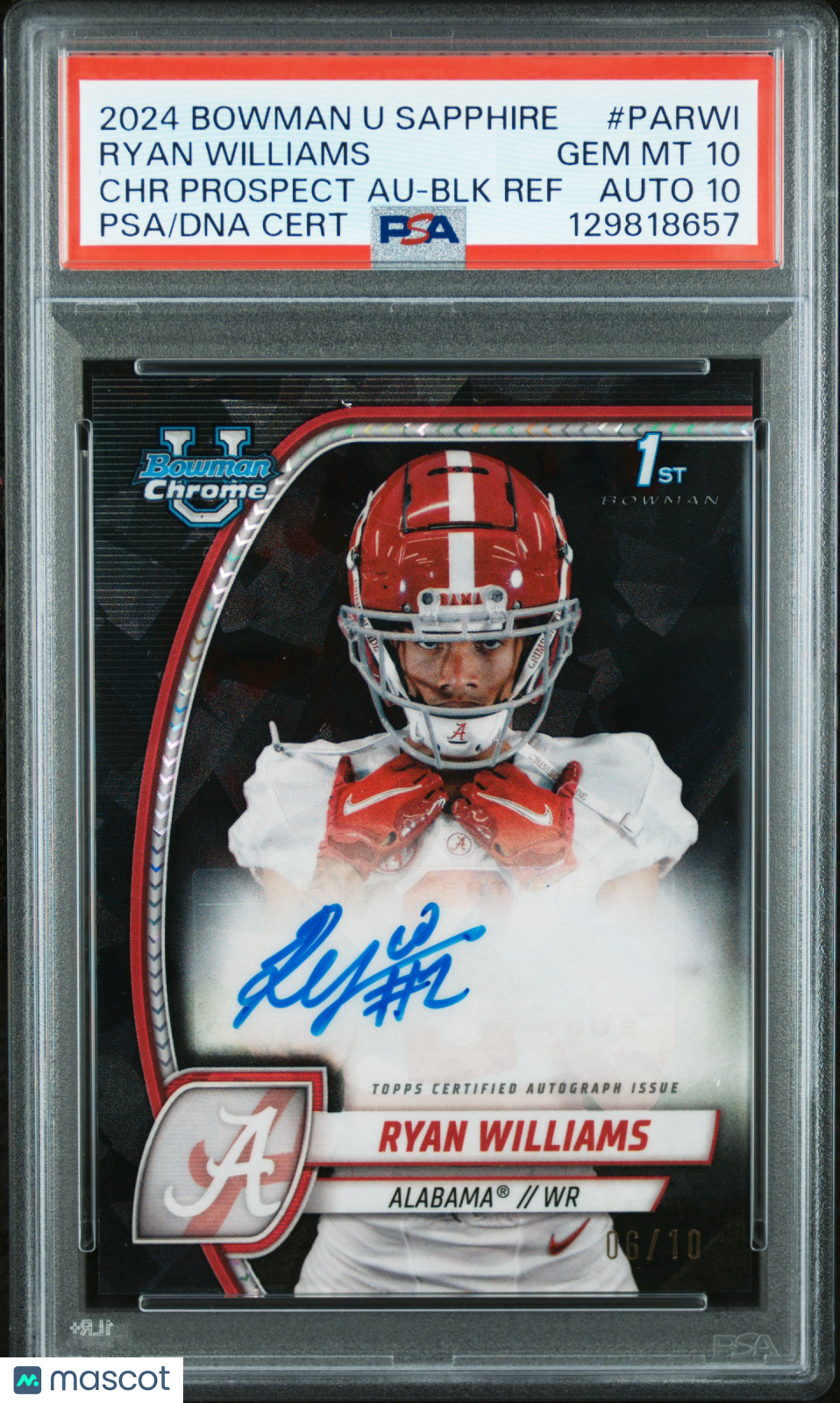 2024 Bowman Sapphire - Ryan Williams - Black Auto /10- PSA 10 Auto 10 - GEM MINT