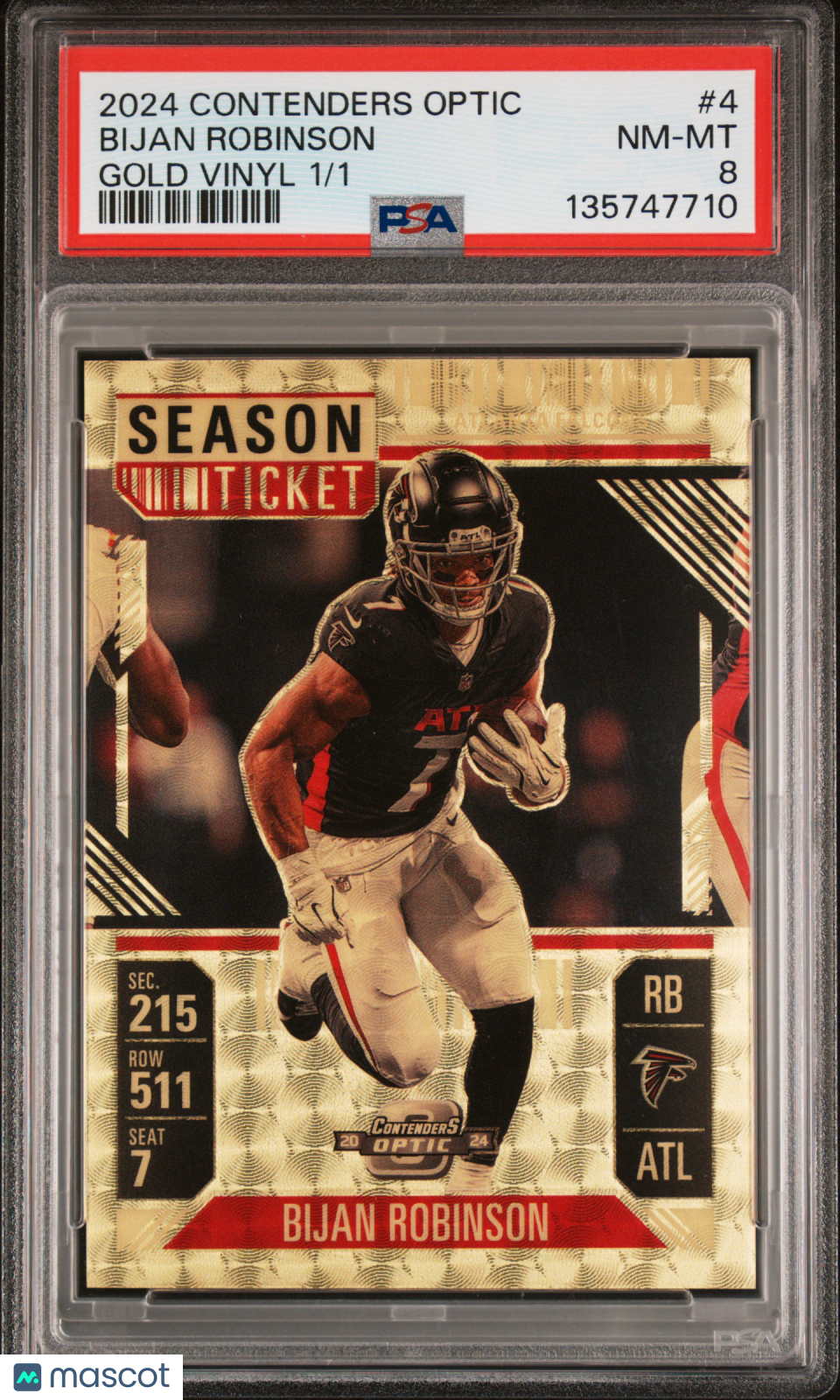 2024 Contenders Optic - Bijan Robinson - Gold Vinyl Prizm 1/1 - #4 - PSA 8