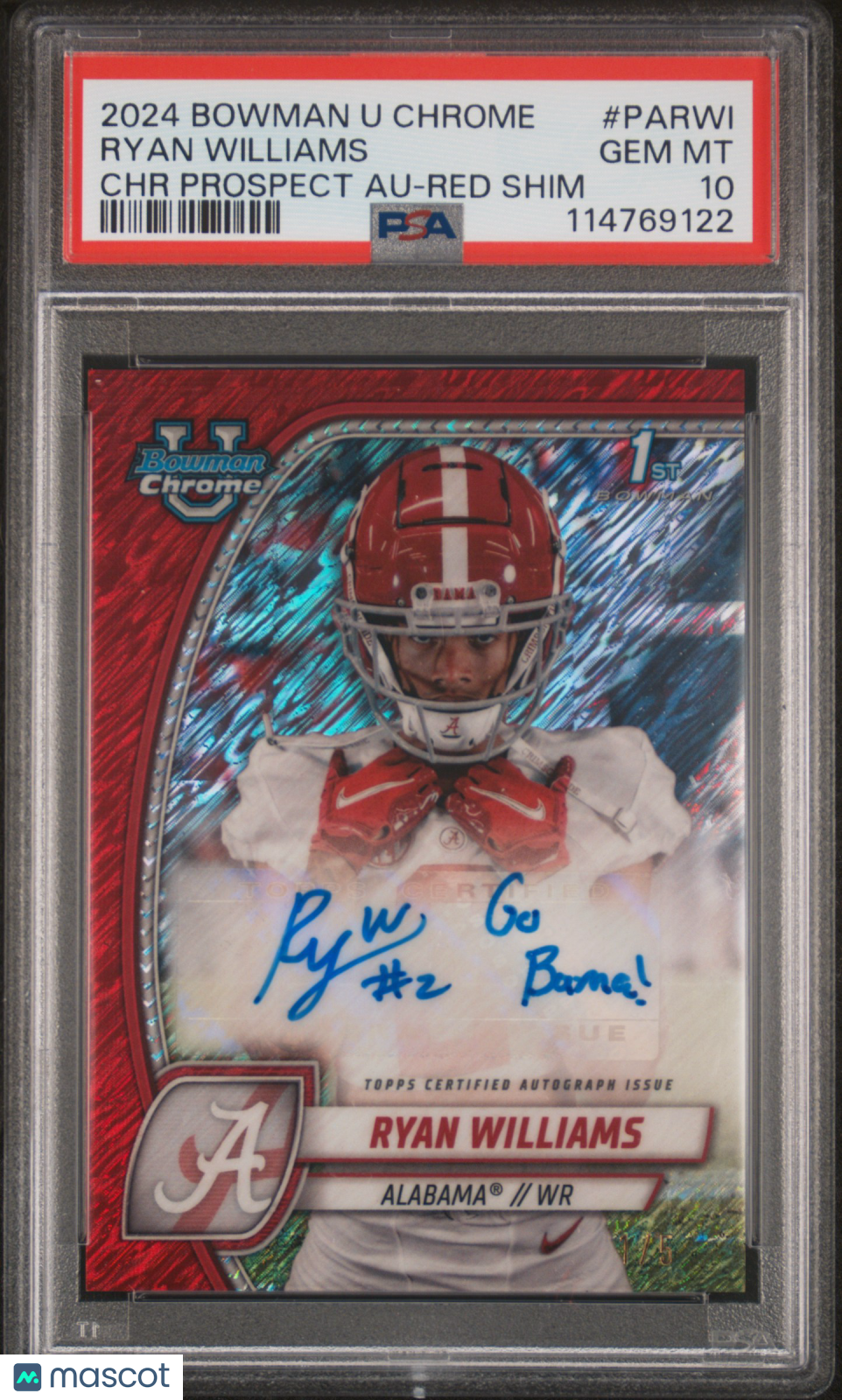 2024 Bowman Chrome - Ryan Williams - Red Shimmer Auto /5 - PSA 10 GEM MINT