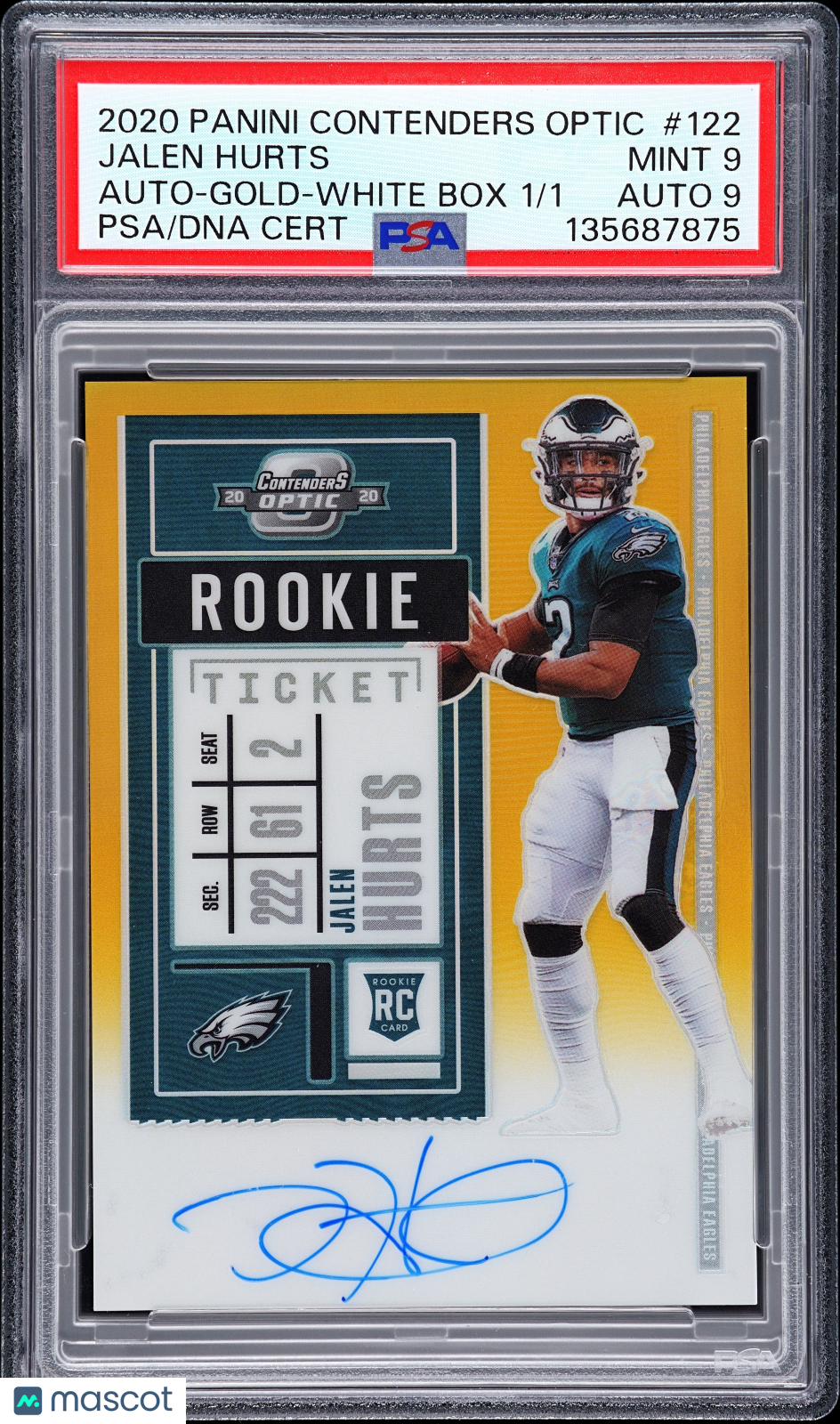 2020 Contenders Optic - Jalen Hurts - Gold Rookie Auto - 1 of 1 - PSA 9