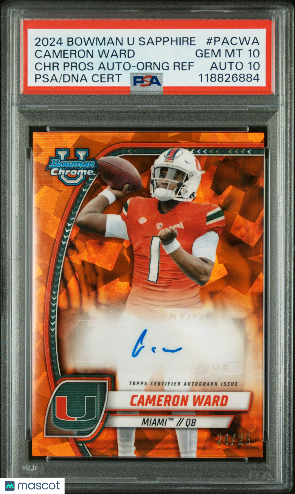 2024 Bowman Sapphire - Cameron Ward - Orange Auto /25 -PSA 10 Auto 10 -GEM MINT