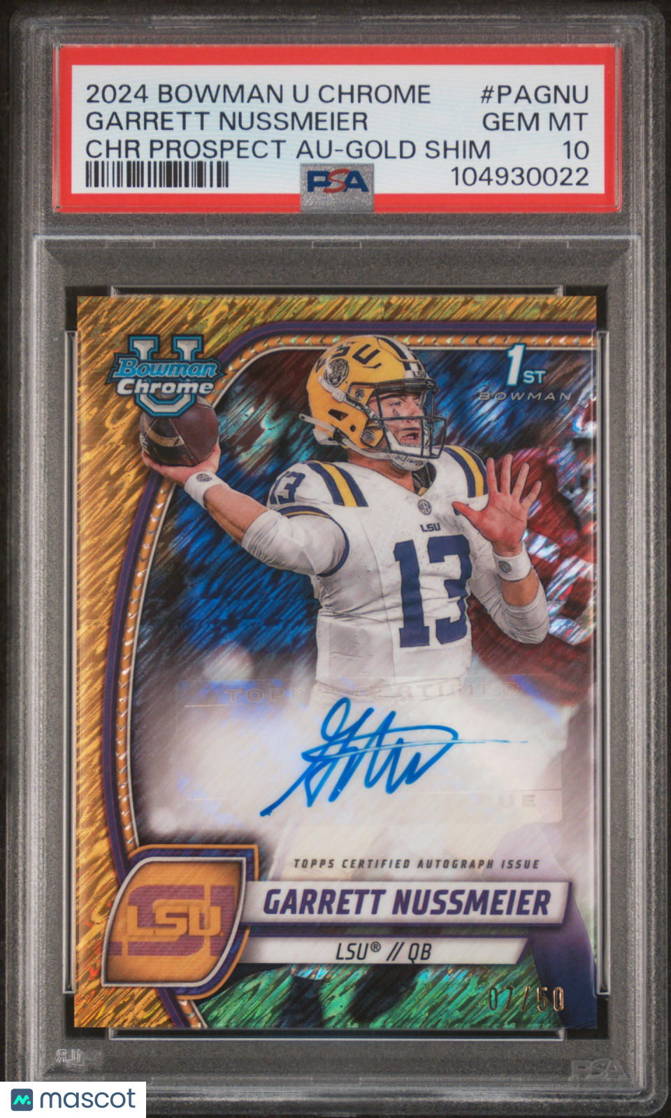 2024 Bowman Chrome - Garrett Nussmeier - Gold Shimmer 7/50 - PSA 10 - #PAGNU