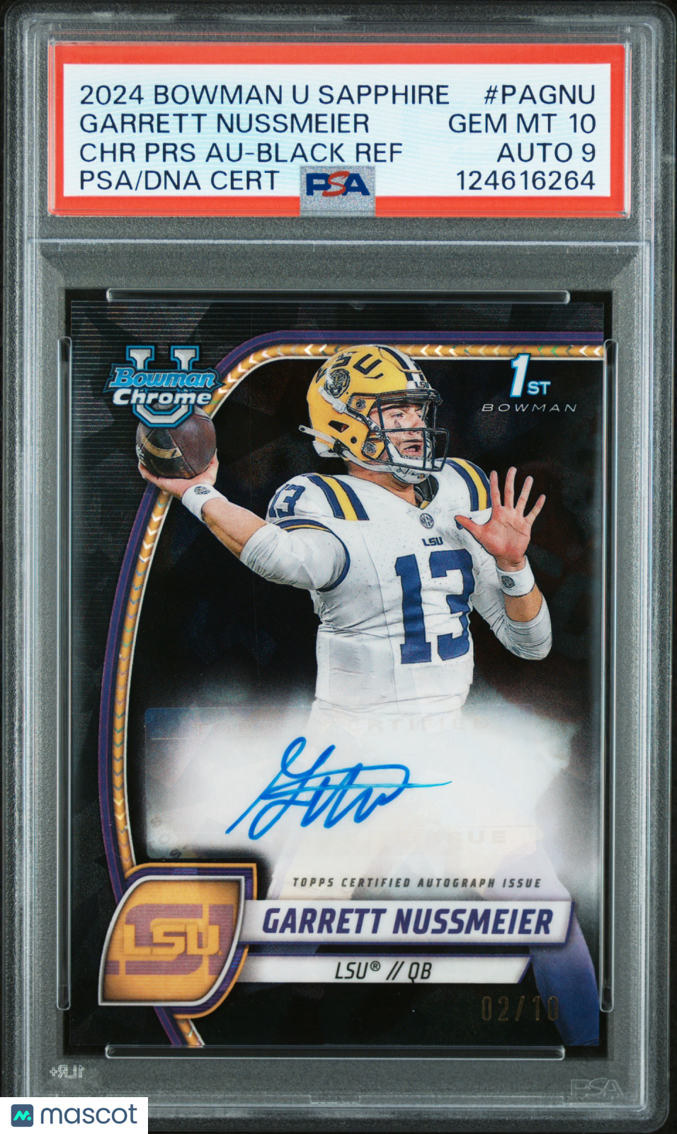 2024 Bowman Sapphire - Garrett Nussmeier - Black Auto /10 - PSA 10 - GEM MINT